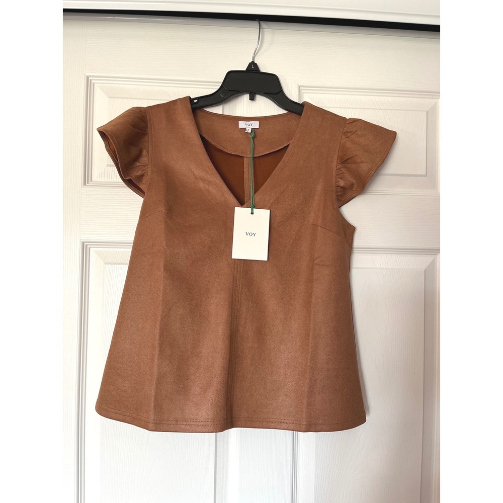 VOY Womens Cognac Faux Suede V-Neck Flutter Sleeve Top Brown Small ‎ NEW